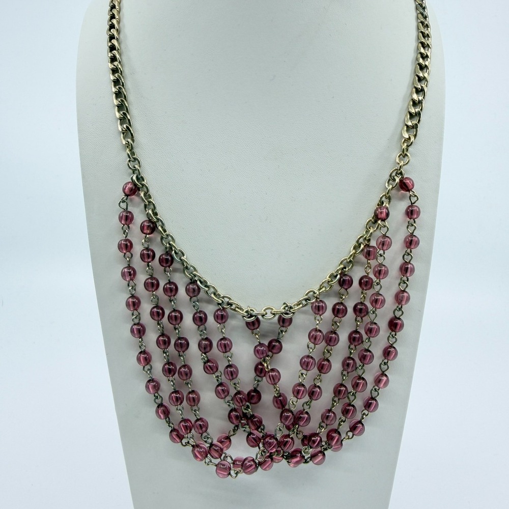 Necklace Vintage Gold Tone Pink Purple Bead Multi Strand Draped Statement Boho - Picture 4 of 10